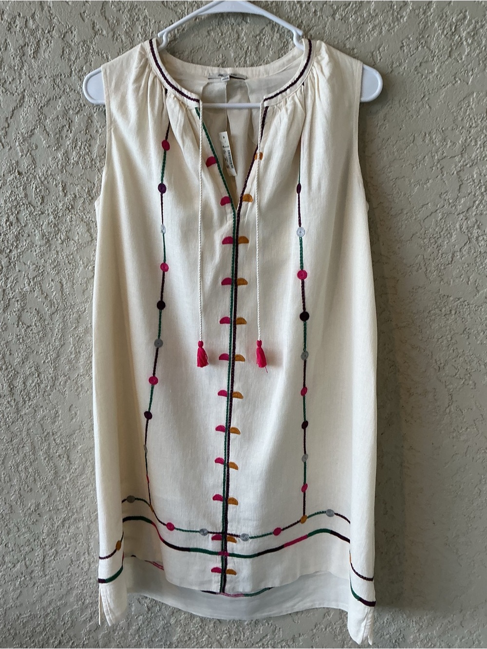 Madewell Cream Sleeveless Tunic with Pink, Green & Mustard Embroidery